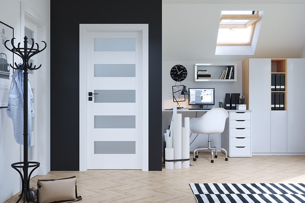 Contemporary white interior door with frosted glass panels and a modern black handle, featured in a stylish home office space with minimalist decor, emphasizing sleek design and functional elegance.